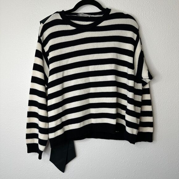 Valentino Off White & Black Horizontal Stripe Open Back Satin Shoulder Tie Top L - Picture 6 of 16